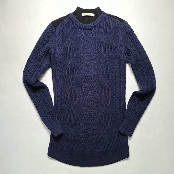 Sacai Luck Women Sz 3 Large 100 Wool Cable Knit Navy Sweater Black Back 2-tone - Picture 2 of 12